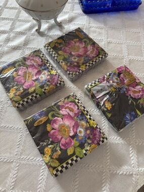 MacKenzie-Childs Floral Napkins in Pink, Yellow & Blue on Black